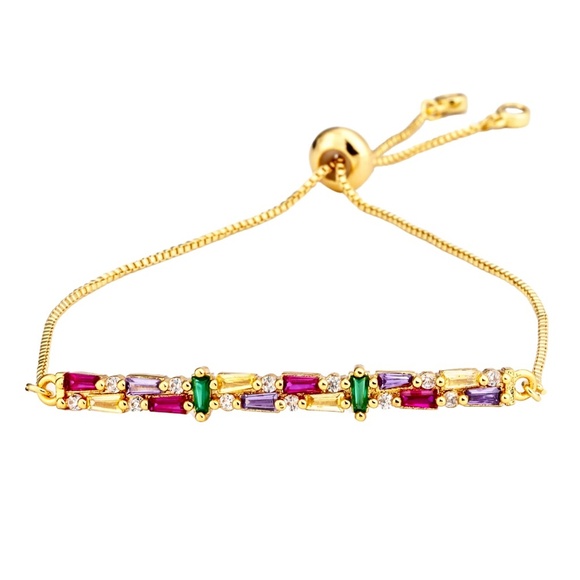 Gold-Plated Adjustable Bracelet with Rainbow CZ Baguettes – 50x6mm Bar Design - Picture 1 of 1